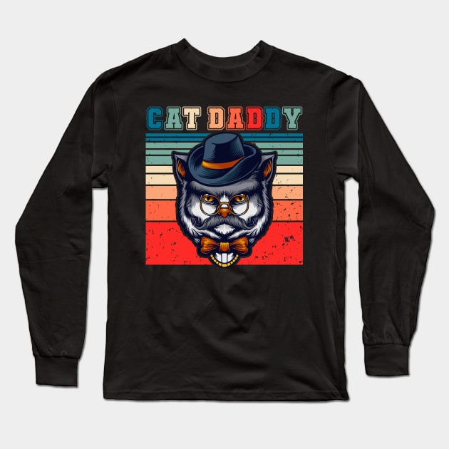 Cat Daddy Vintage Eighties Style Cat Retro Distressed Long Sleeve T-Shirt by CardRingDesign